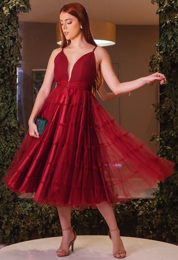 vestido de festa midi marsala