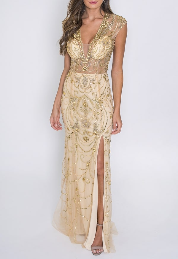 vestido de festa longo dourado com transparência