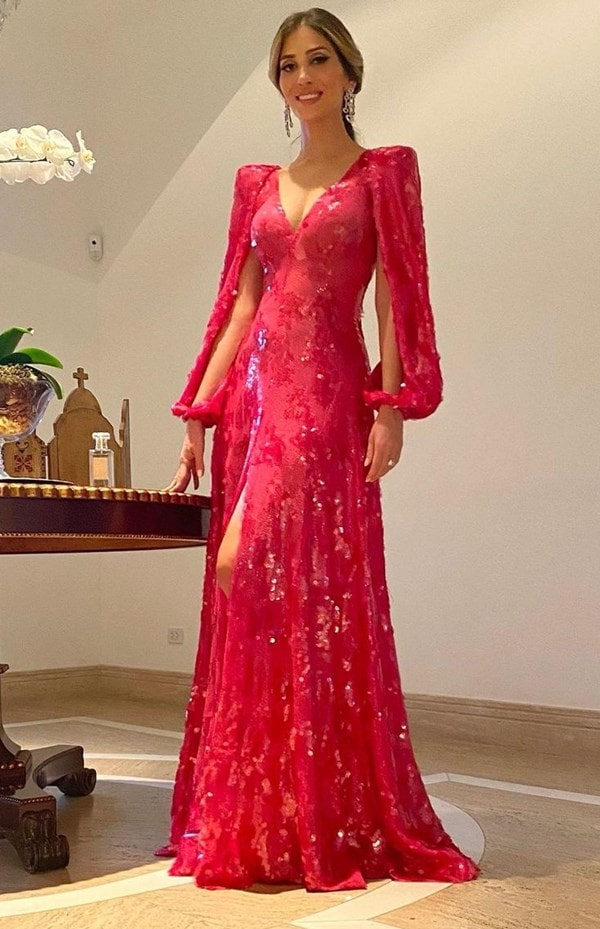 vestido de festa longo rosa pink bordado em paetês